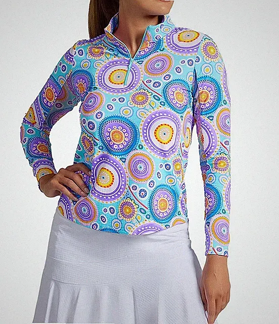 $101 IBKUL Women's Leona Print Long Sleeve Mock Neck Top-Seafoam-Small-New Tags