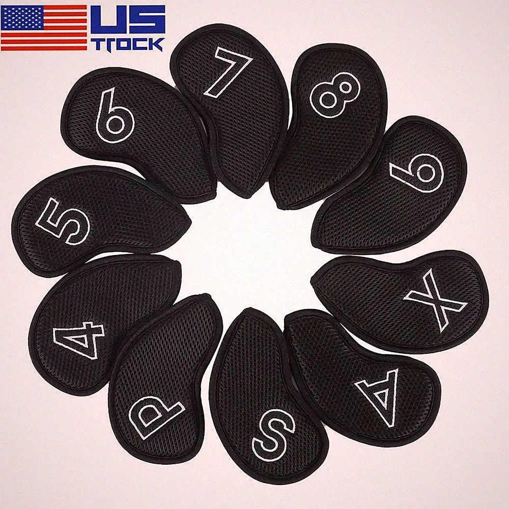 10Pcs Meshy Cotton Golf Iron Cover Set Golf Club Head Cover Fit Most Irons Black