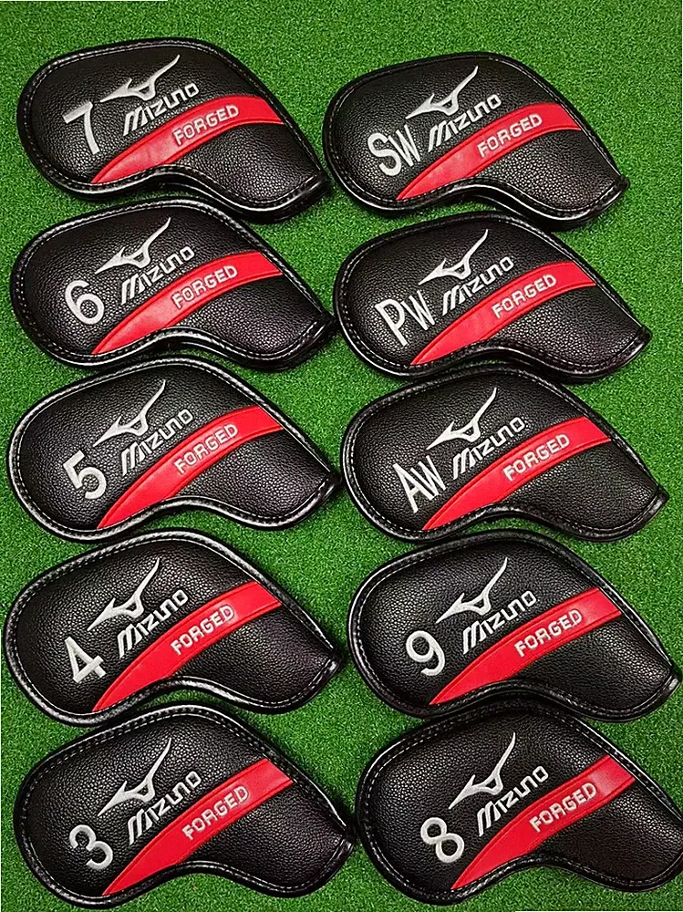 10Pcs Mizuno Forged Golf Iron Head Covers Black Red White Leather Magnetic Close