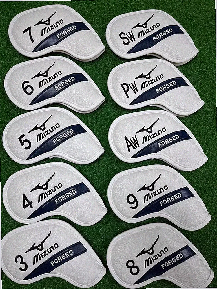 Mizuno 10Pcs Golf Iron Head Covers Leather Magnetic White Blue