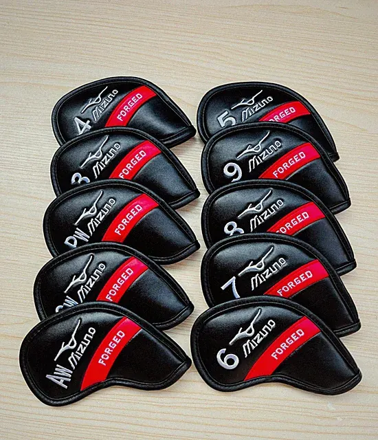 10Pcs Mizuno Golf Iron Head Covers Case Leather Magnetic Black/Red 3-9+ASP+W