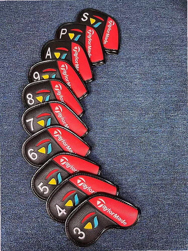 10Pcs TaylorMade Golf Iron Head Covers For #3-9ASP Leather Magnetic Black Red