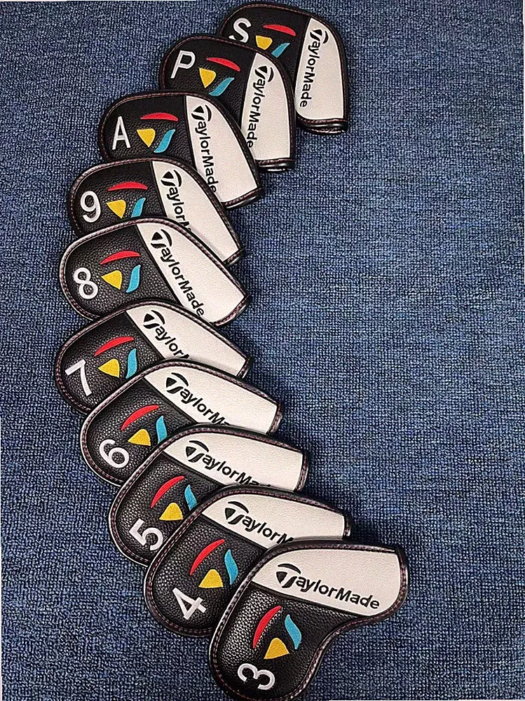 10Pcs TaylorMade Golf Iron Head Covers For #3-9ASP Leather Magnetic BlackWhite