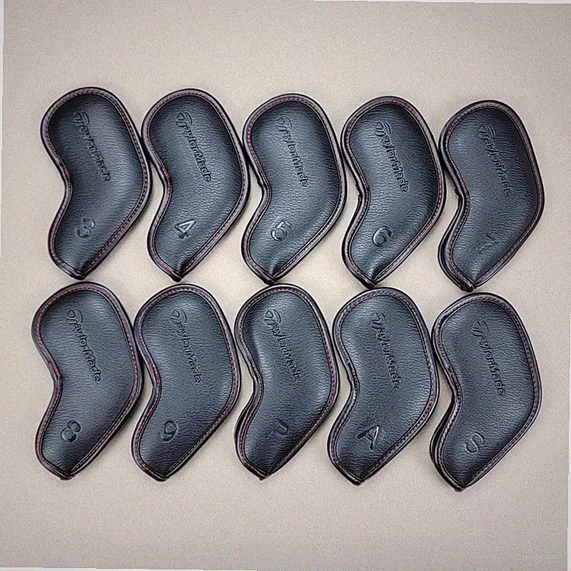 10Pcs TaylorMade Golf Iron Head Covers Leather Magnetic Black 3D Logo 3-9+PAS