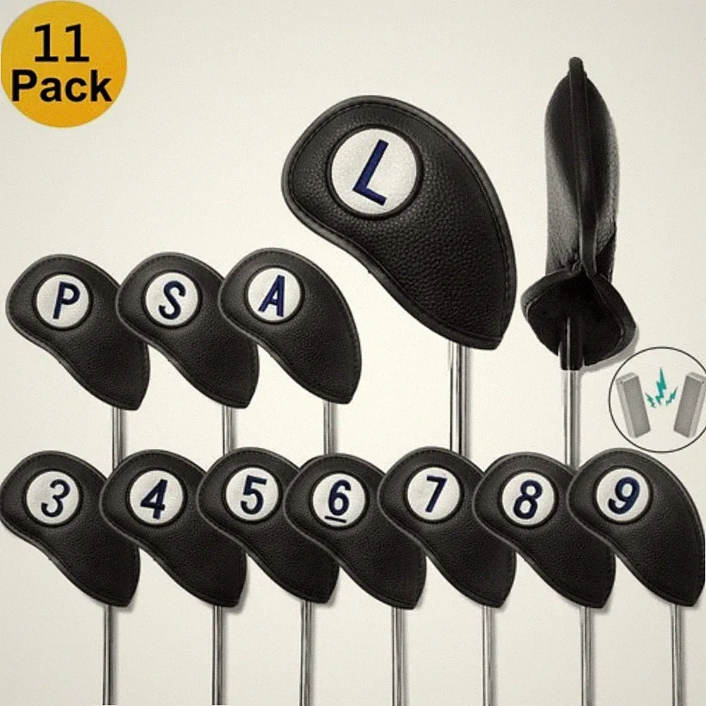 11 Pack Leather Golf Club Head Covers Both Sides Magnetic Closure for