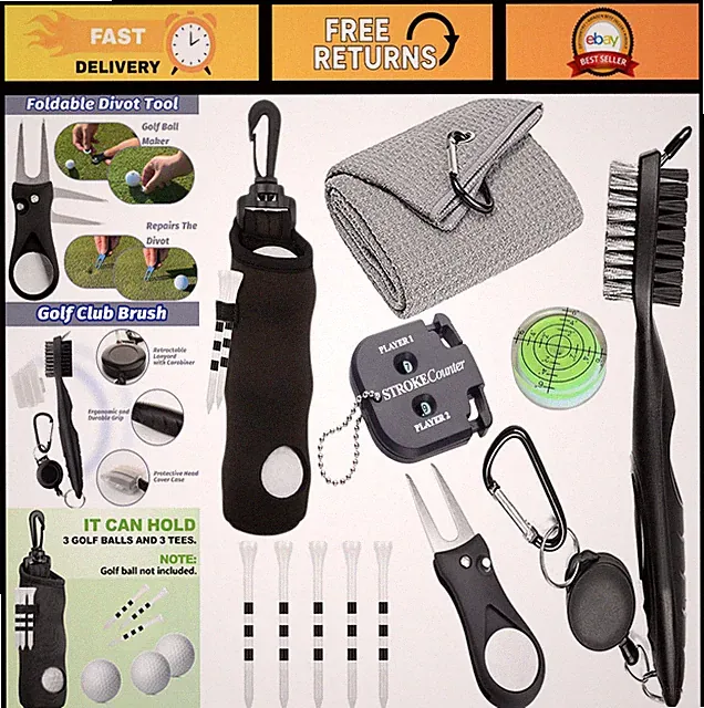 11 Pcs Golf Accessories Set - Ball Bag, Tees, Towel, Cleaner Brush, Marker & Mor