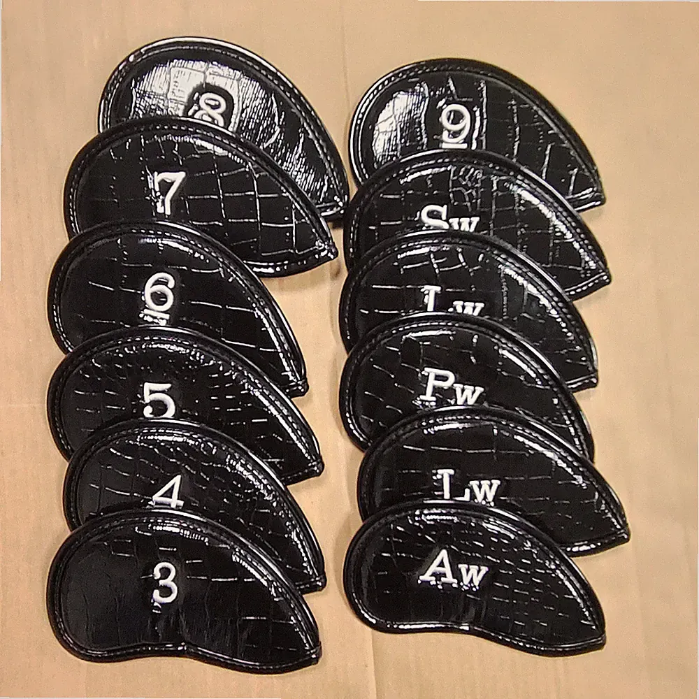 12Pcs Black Crocodile Leather Golf Iron Covers Black RH Iron Club Headcovers