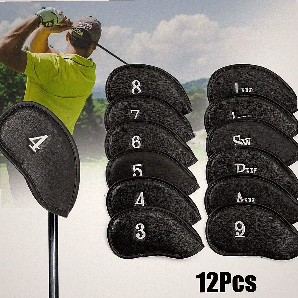 12Pcs Universal Golf Iron Pu Leather Head Covers USA Club Headcovers Set Black