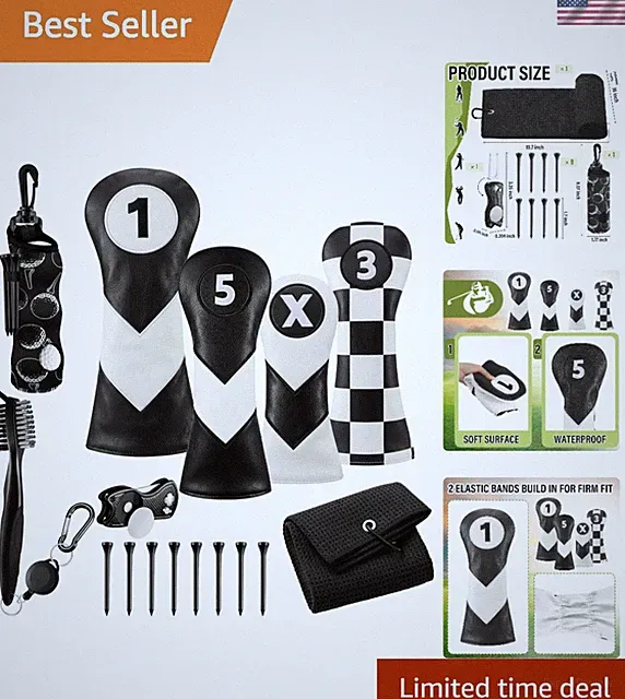 16 Pcs Golf Accessories Kit, 4 Pcs Leather Golf Club Headcovers for Woods, Dr...