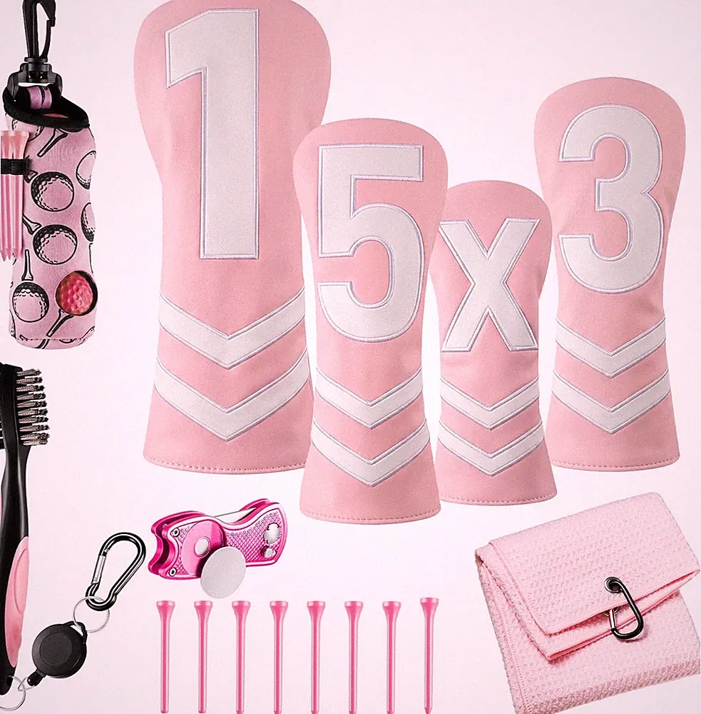 16 Pcs Golf Accessories Kit with Leather Headcovers, Tees & Cleaning Brush