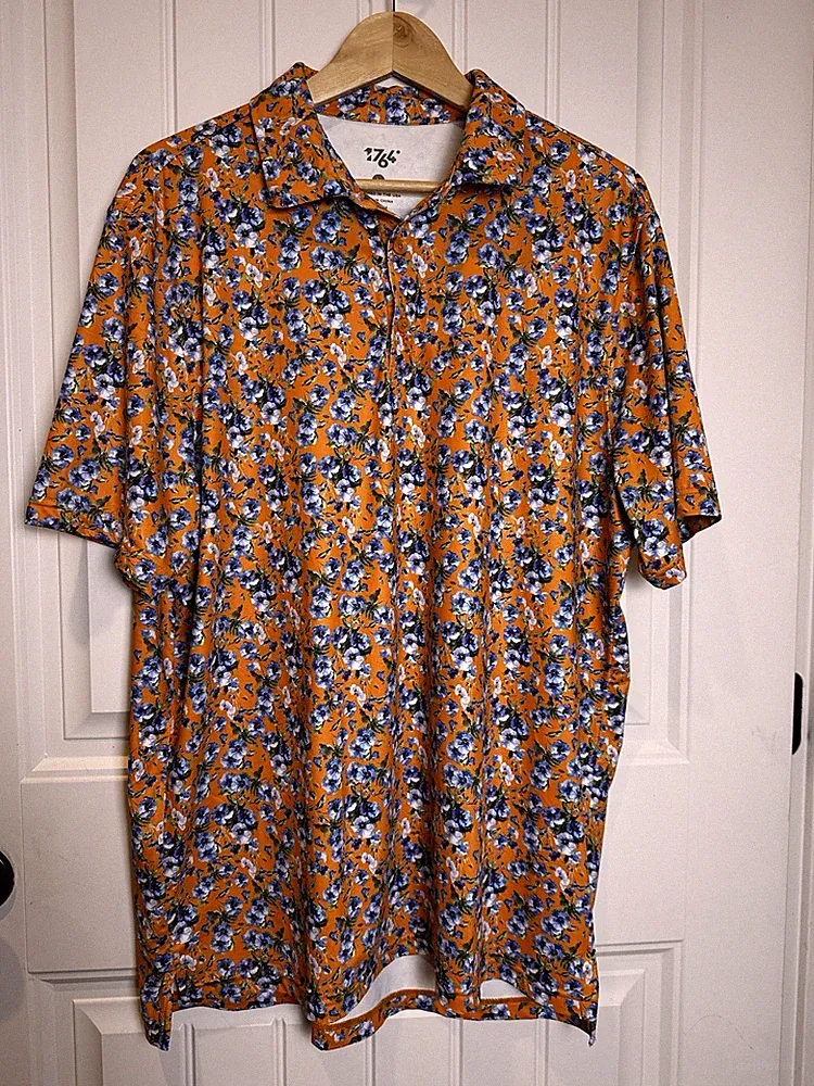 1764 Men's L Short Sleeve Collared Floral Golf Polo Shirt Orange/Blue Stretch