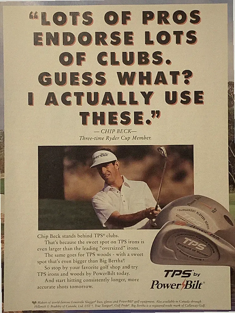 1994 Chip Beck Power-Bilt TPS Golf Clubs PRINT AD Woods Irons Hit Long VTG 1990s