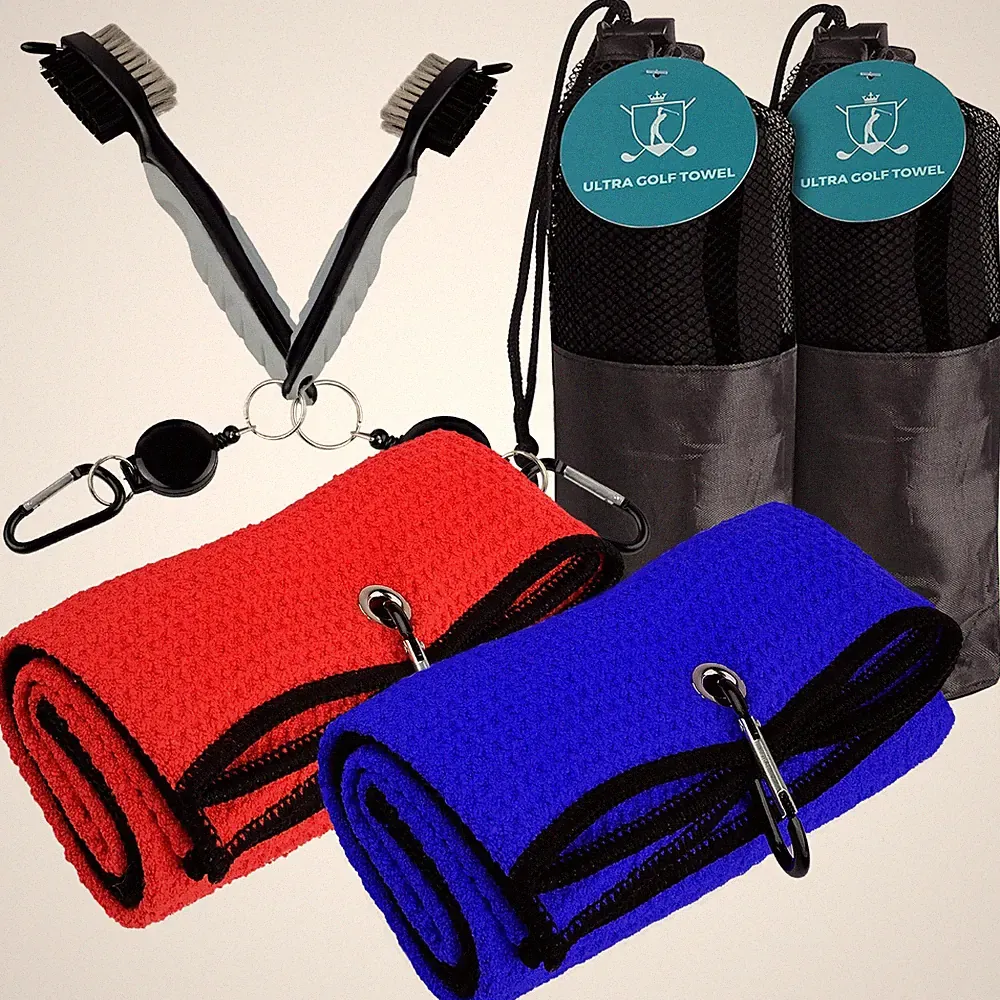 2 Golf Towels & Brushes Set w/ Pouch – Microfiber Cleaning Kit for Clubs & Teams