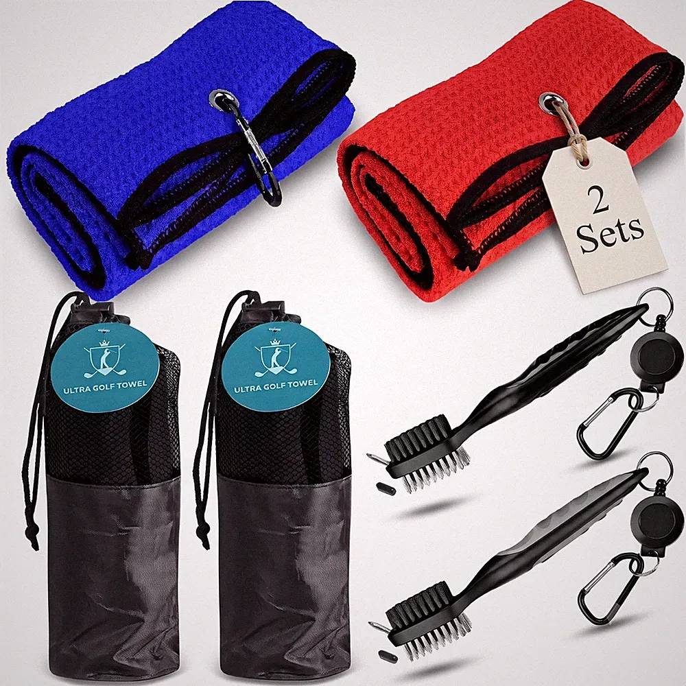 2 Set Golf Towels & Brushes w/ Pouch – Microfiber Cleaning Kit for Clubs & Teams