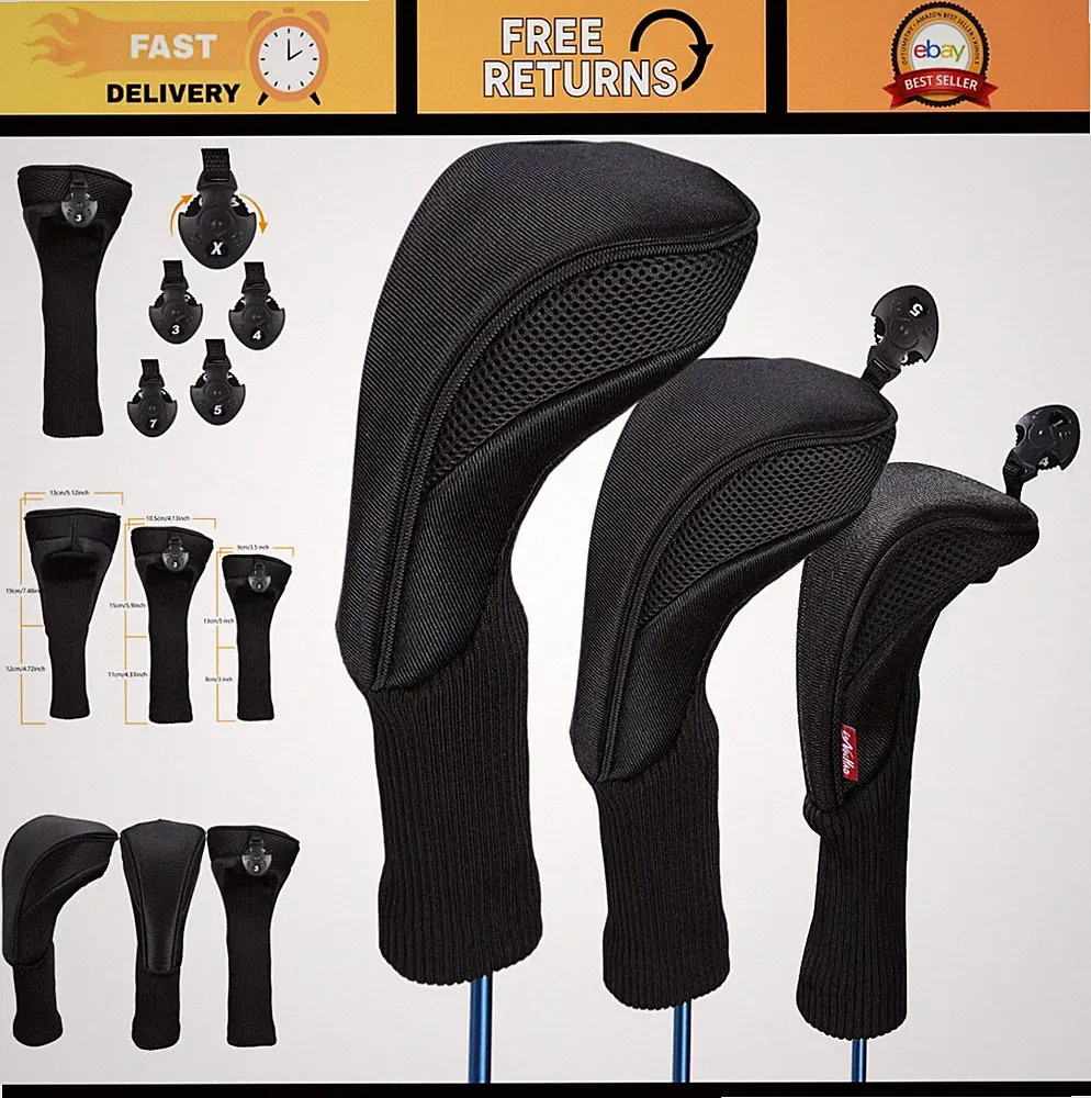 3 Pcs Golf Club Head Covers Set for Driver & Fairway Woods - Hybrid Headcovers w