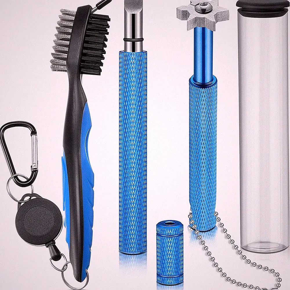 3 Pieces Golf Club Groove Sharpener Retractable Brush and 6-Head Blue