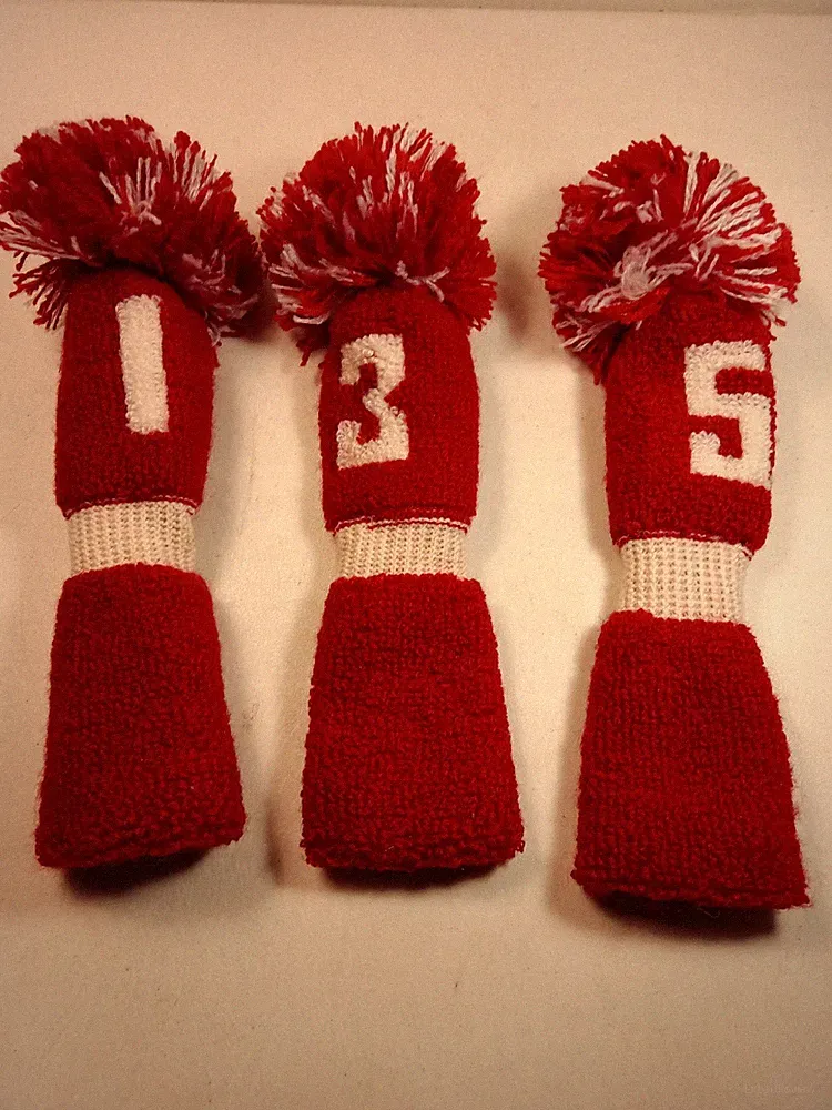 3 vintage golf club covers w/ pom red & white iron fairway 1 3 5 In Nice Shape