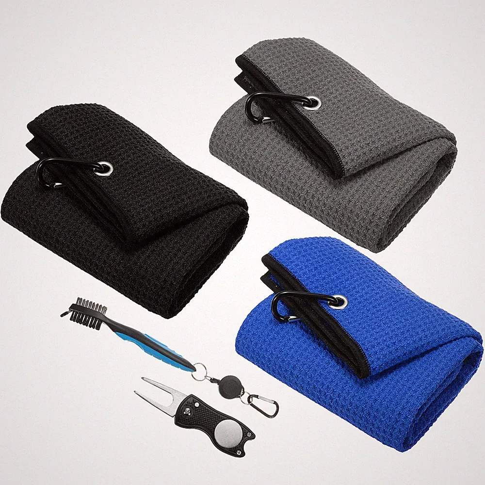 3Pcs 16"x16" Tri-Fold Golf Towels & Cleaning Brush & Divot Tool Black/Gray/Blue