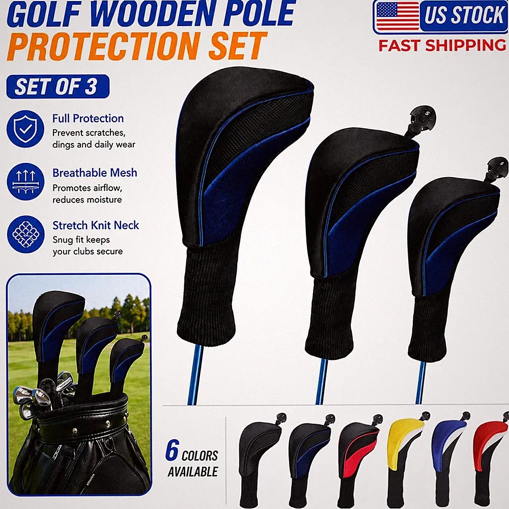 3Pcs Golf Club Head Covers Set Driver 1/3/5# Fairway Woods Headcovers Long Neck