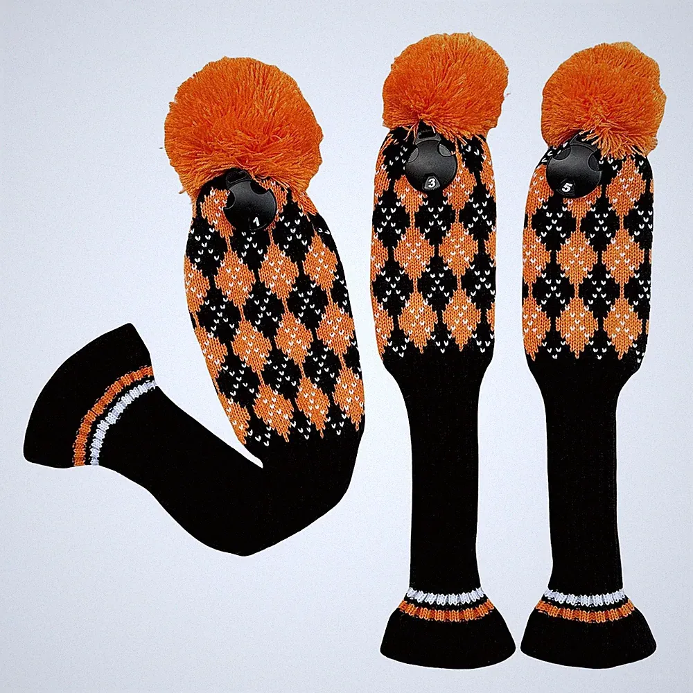 3pcs Knit Golf Club Head Covers,Golf Driver 3 5 Fairway Woods Orange&Black