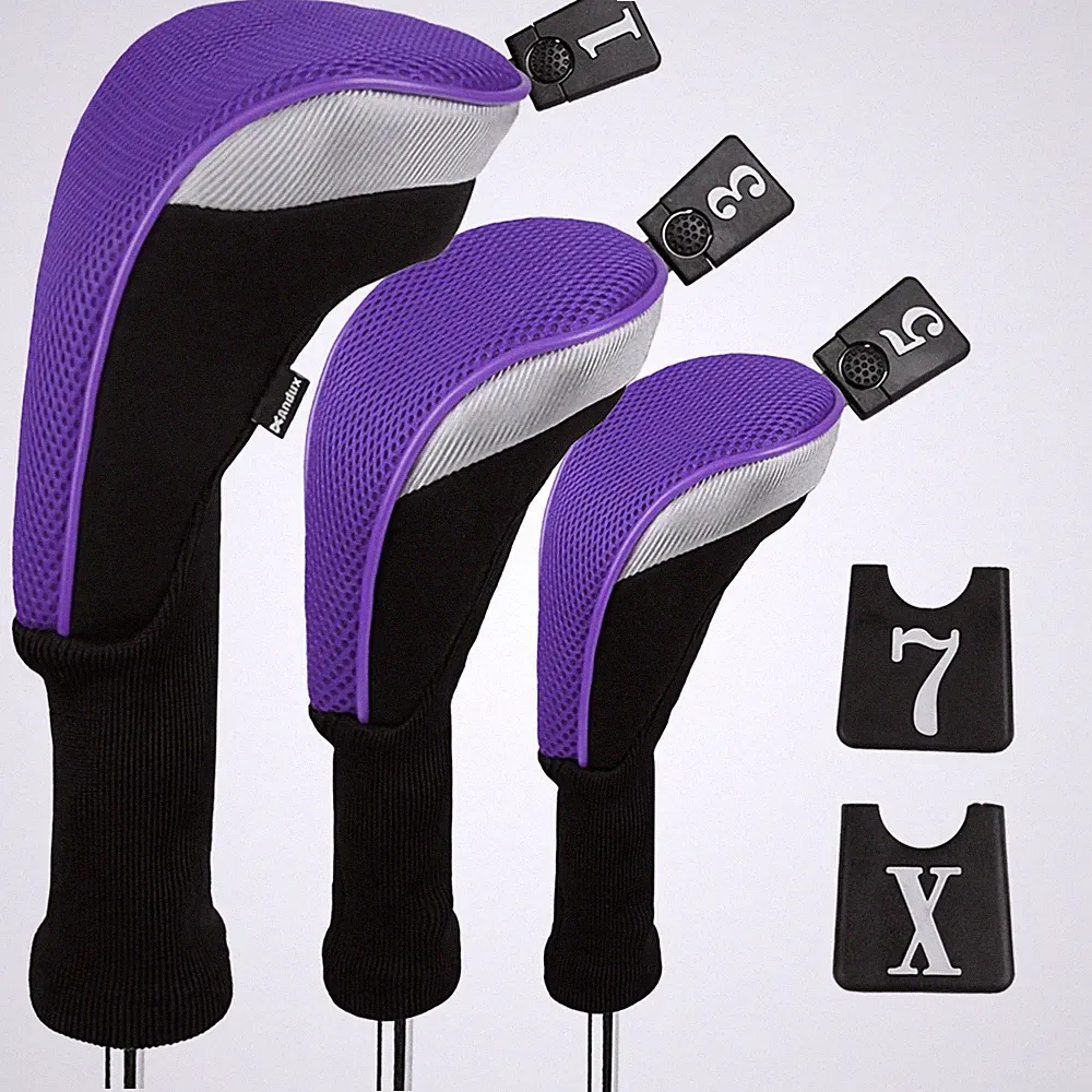 3pcs/Set Golf 460cc Driver Wood Club Head Covers Long Neck with No. Tags Purple