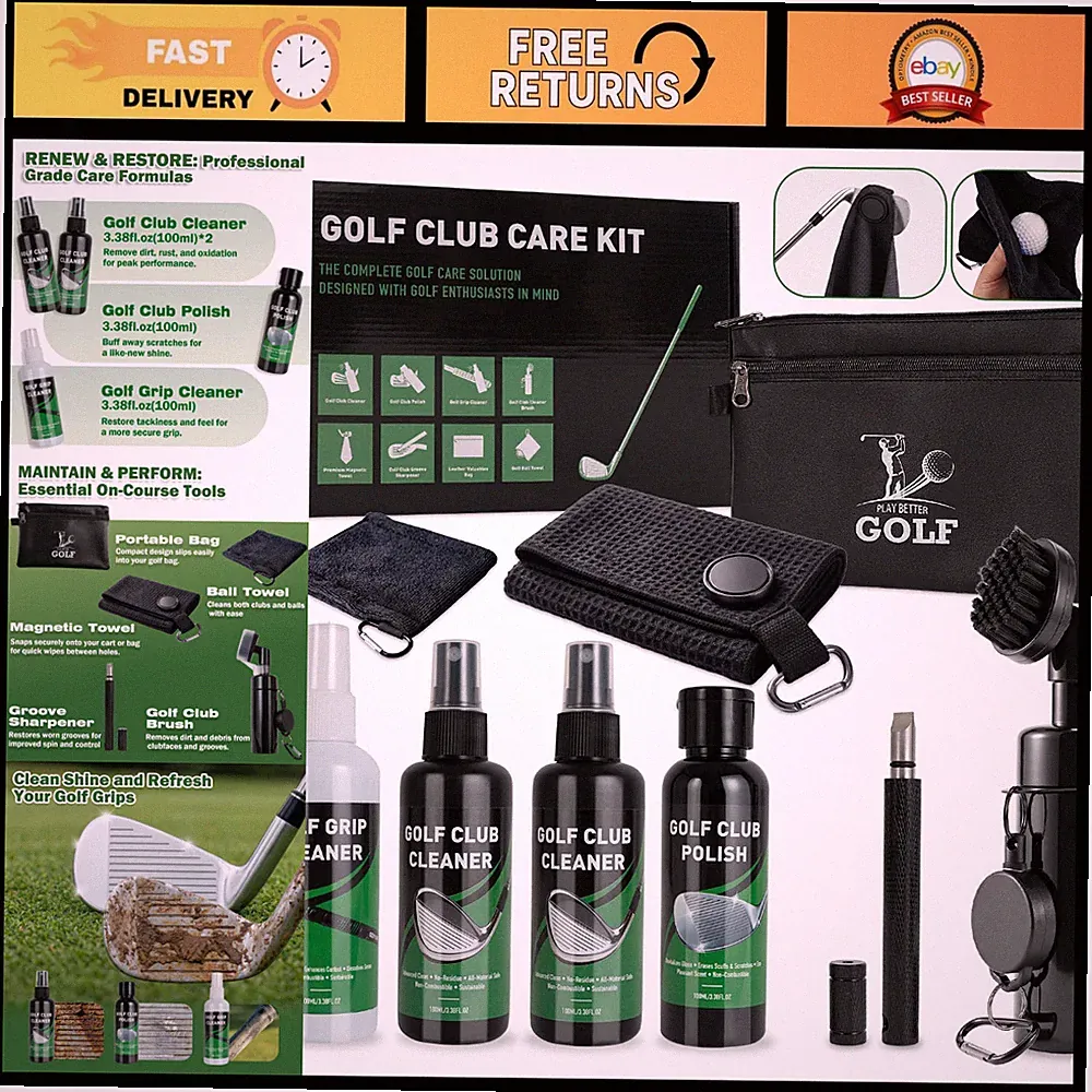 8-in-1 Golf Club Cleaning Kit - Cleaner, Brush, Groove Sharpener & Towel Set