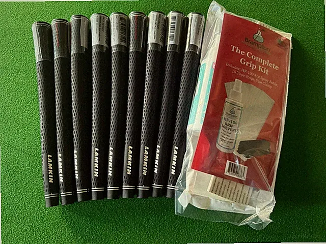 9 x Lamkin Crossline Black Oversize Golf Grips + Brampton DIY Grip Kit
