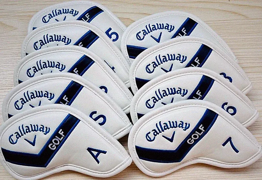9Pcs Callaway Golf Iron Head Covers White / Blue Leather Magnetic Close