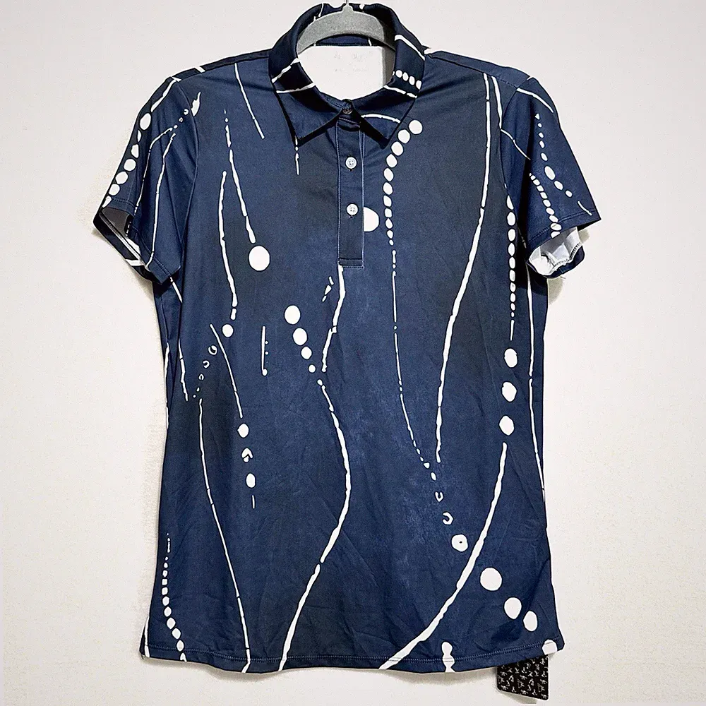 Acegolfs Women Short Sleeve Golf Polo Shirt Small Navy Blue White Abstract NWT