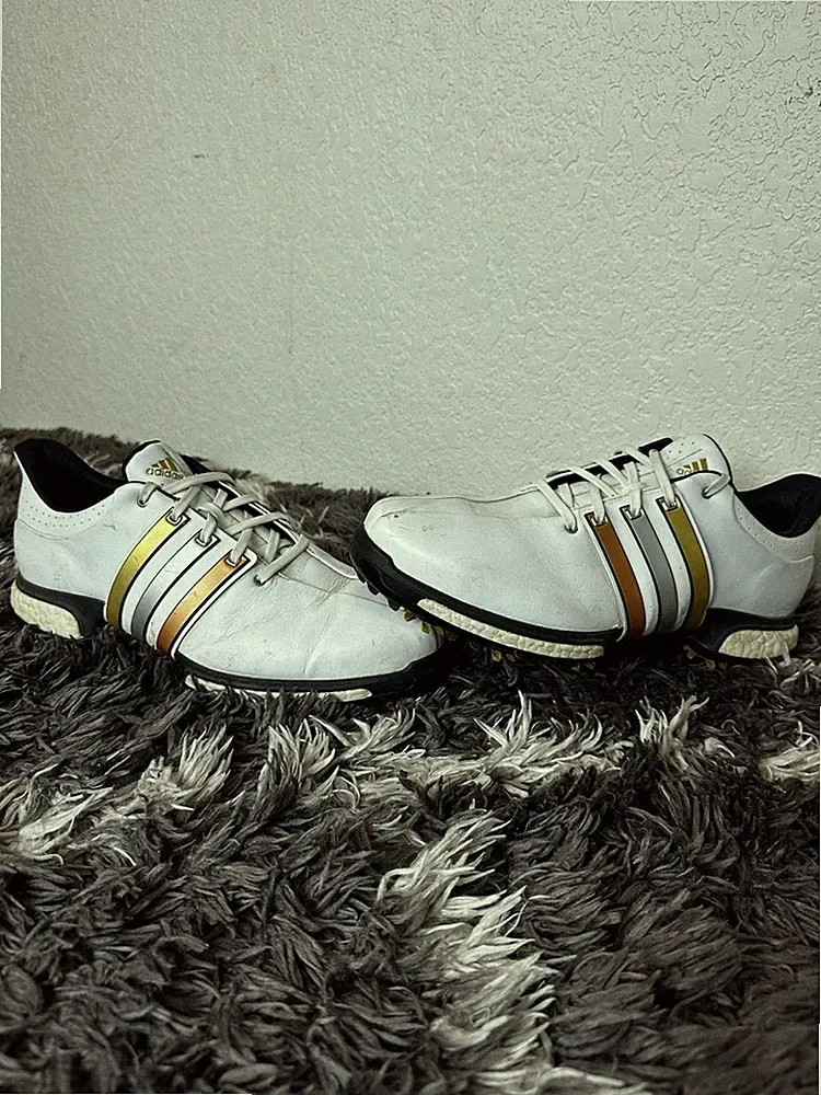 Adidas Tour360 Boost Mens Golf Shoes White Gold Cleated Leather Size 10.5 F33483
