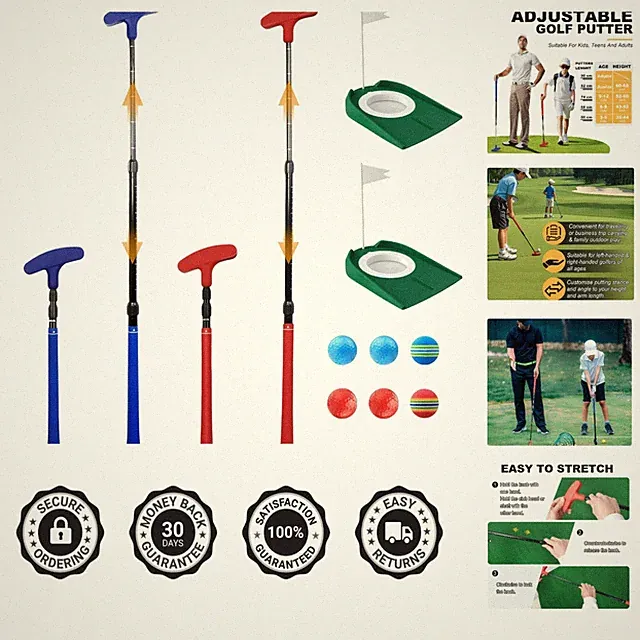 Adjustable Kids Golf Putter Set - 2 Clubs, 6 Balls & 2 Cups for Young Golfers