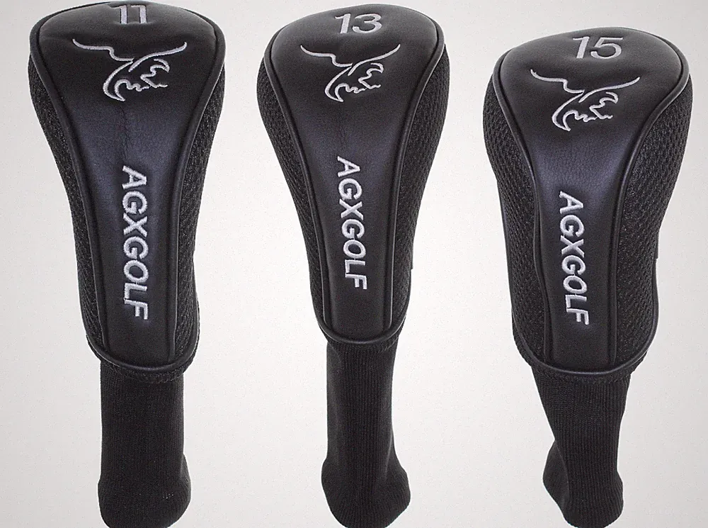AGXGOLF Wood Golf Club Head Covers Long Neck Black Set of Three for 11, 13 & 15