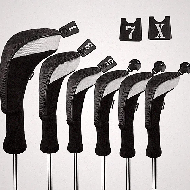 Andux 6pcs Golf Club Head Covers Woods Hybrid Long Neck Black/Black