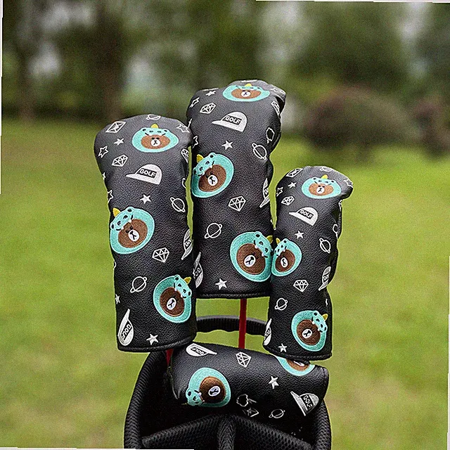 Black Cartoon Bear Pattern Golf Club Head Cover Driver Wood Hybrid UT Head Cover