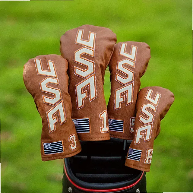 Brown USA Flag Design Golf Head Cover 135H Driver Fairway Wood Hybrid Club Cover