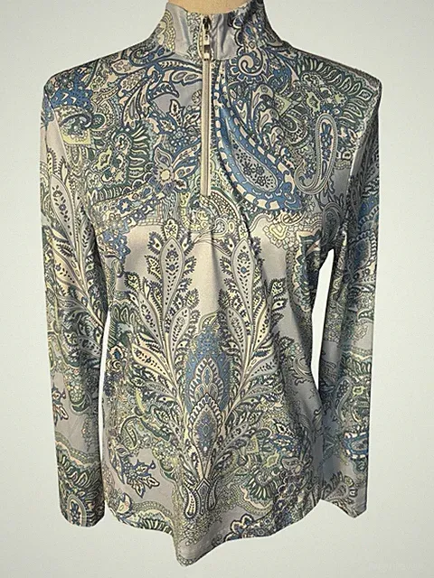 CEGOLFS Women's UPF 50+ Blue Paisley 1/4 zip L/S pullover top Size Small