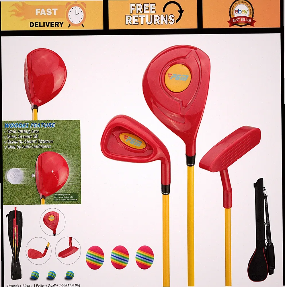 Children's Golf Club Set - 3-Piece Wood, Iron & Putter - Beginner Training Set f