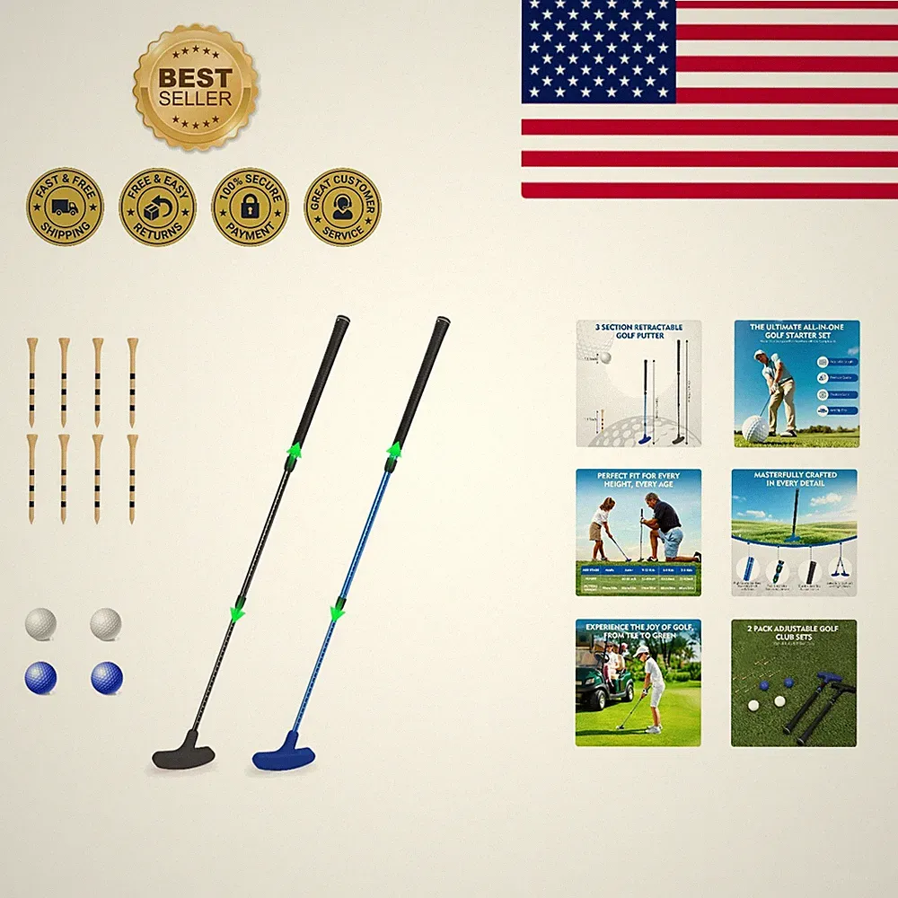 Complete Adjustable Golf Set for Kids & Adults: 2 Putters, Balls, Tees Included