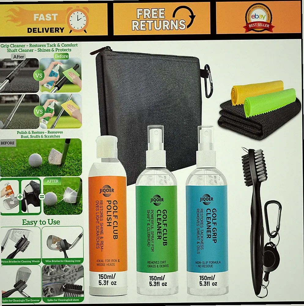 Complete Golf Club Cleaning Kit – Grip & Shaft Cleaner, Polish, Brushes & Towels