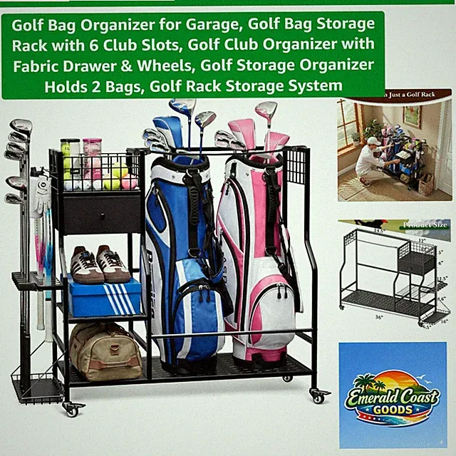 Complete Golf Equipment Rack: 7 Shelves, 2 Bags & 6 Club Slots for Maximum Order