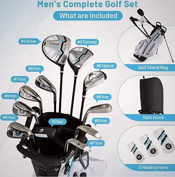 Complete Right-Hand Golf Club Set w/ Driver, Irons, Putter, Bag, & Rain Cover