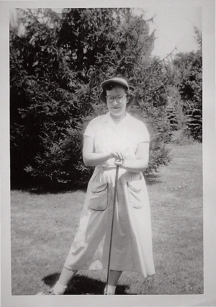 Cute Young Woman Golf Outfit 1940s Photo White Cap Long Dress Club Posing