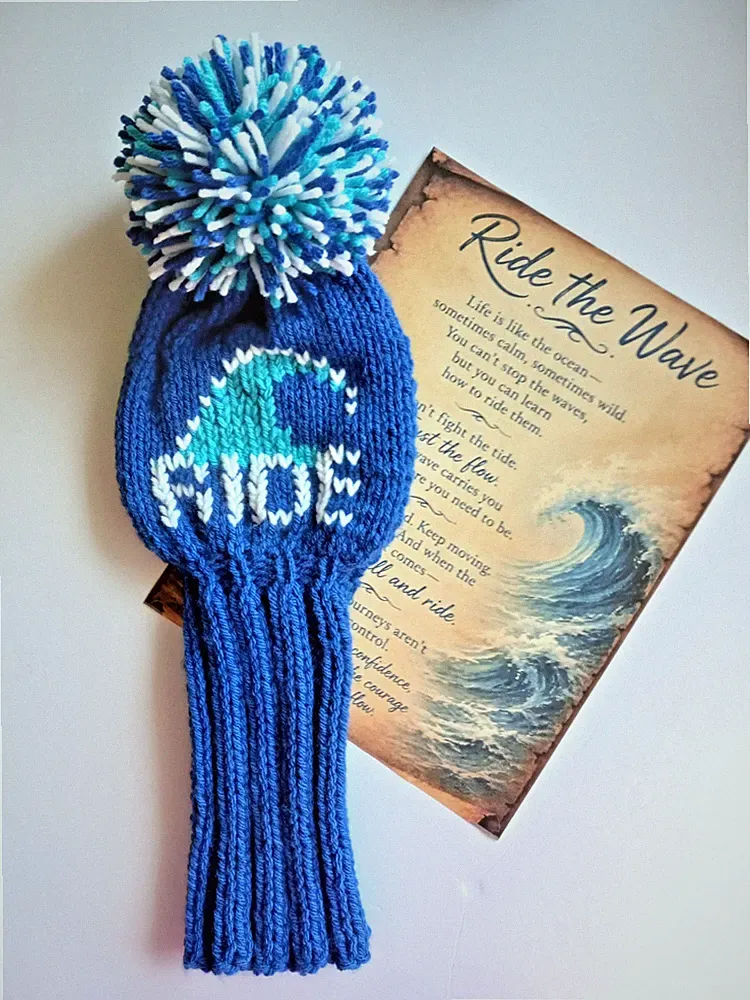 Driver Knit Golf Club cover, 15-inch RIDE THE WAVE, Large Pom