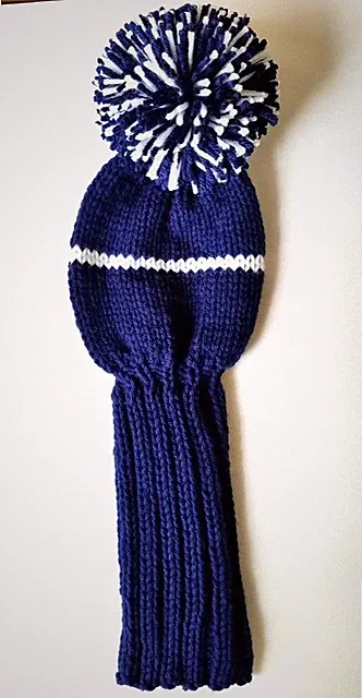 Driver Knit Golf Club cover, 15-inch Royal Blue, White, Large Pom