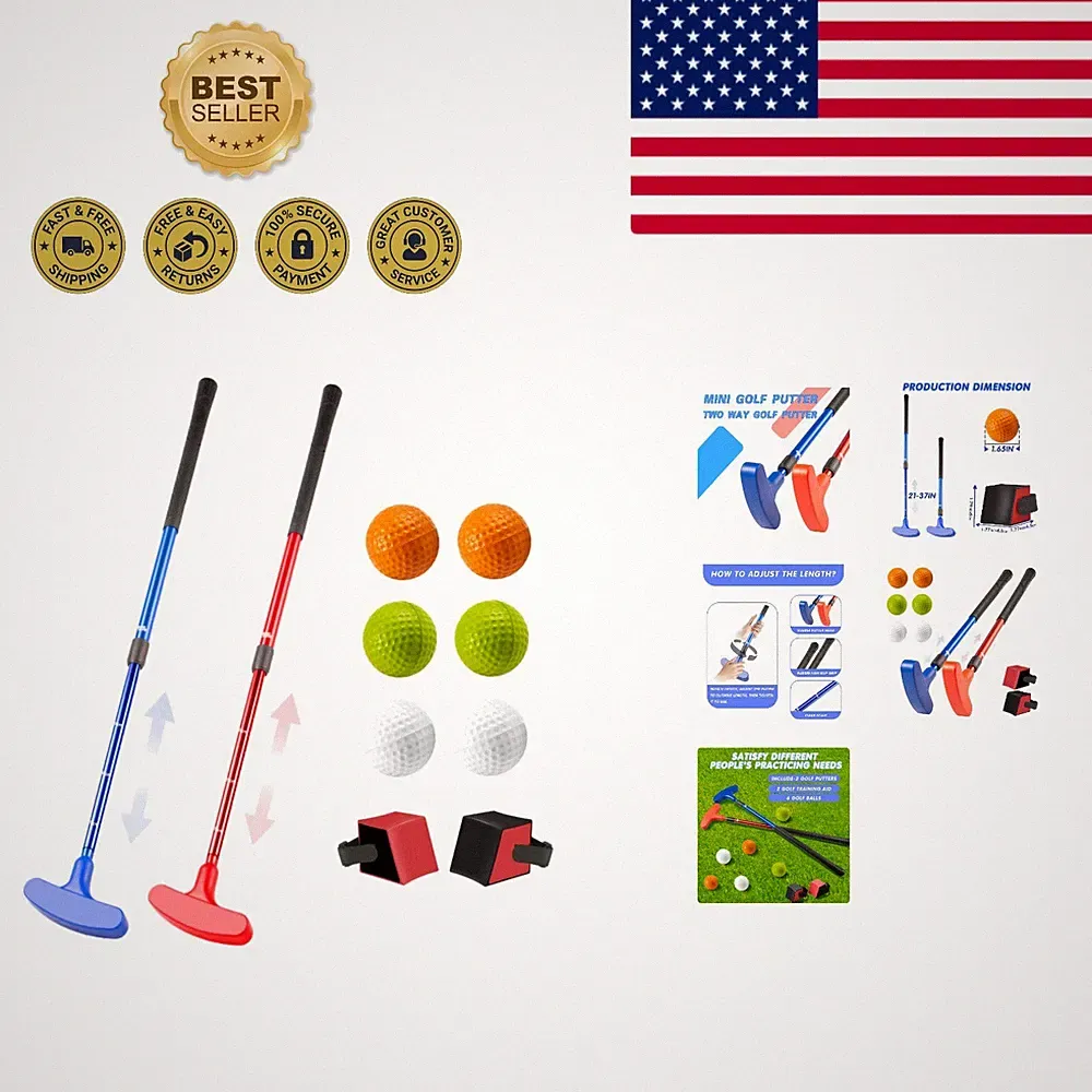 Durable Mini Golf Clubs - 2 Pack Adjustable Putters & 6 Foam Balls for Beginners
