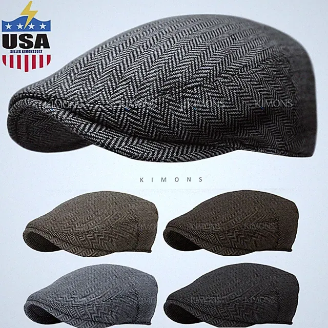 EM Herringbone Ivy Hat Wool Stripe Gatsby Cap Golf Driving Flat Cabbie Newsboy