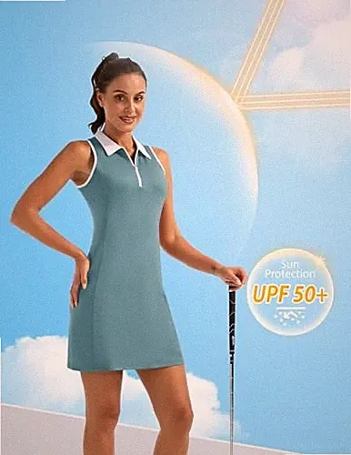 FKEEP Women's Golf Tennis Dress Sport Activewear Zipper V-Neck, Lake Blue, XS