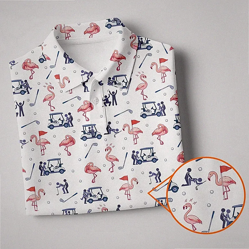 Flamingo Funny Golf Pattern Polo Shirt, Men's Golf Polo, Performance Golf Shirt