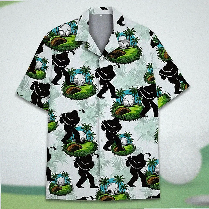 Funny Bigfoot Golf Hawaiian Shirt Unisex, Bigfoot Shirt Button-Up Short