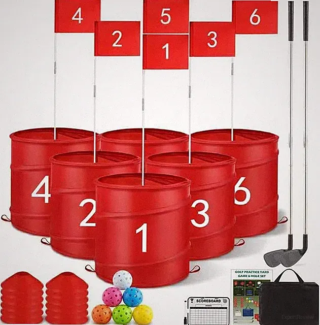 Golf Bucket Yard Game, 6 Hole Beach Golf Set with 2 Clubs, Portable Outdoor Indo